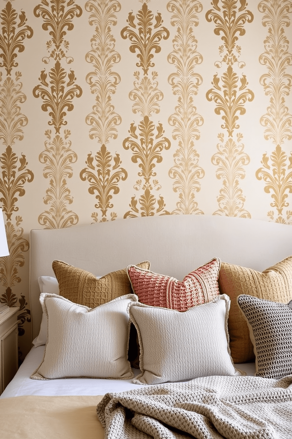 Elegant damask pattern wallpaper creates a luxurious backdrop for a sophisticated bedroom. The soft color palette of cream and gold enhances the opulence of the space while adding a touch of warmth. Incorporate a plush headboard that complements the wallpaper, providing a focal point for the room. Layering with textured throw pillows and a cozy blanket adds depth and comfort to the elegant design.