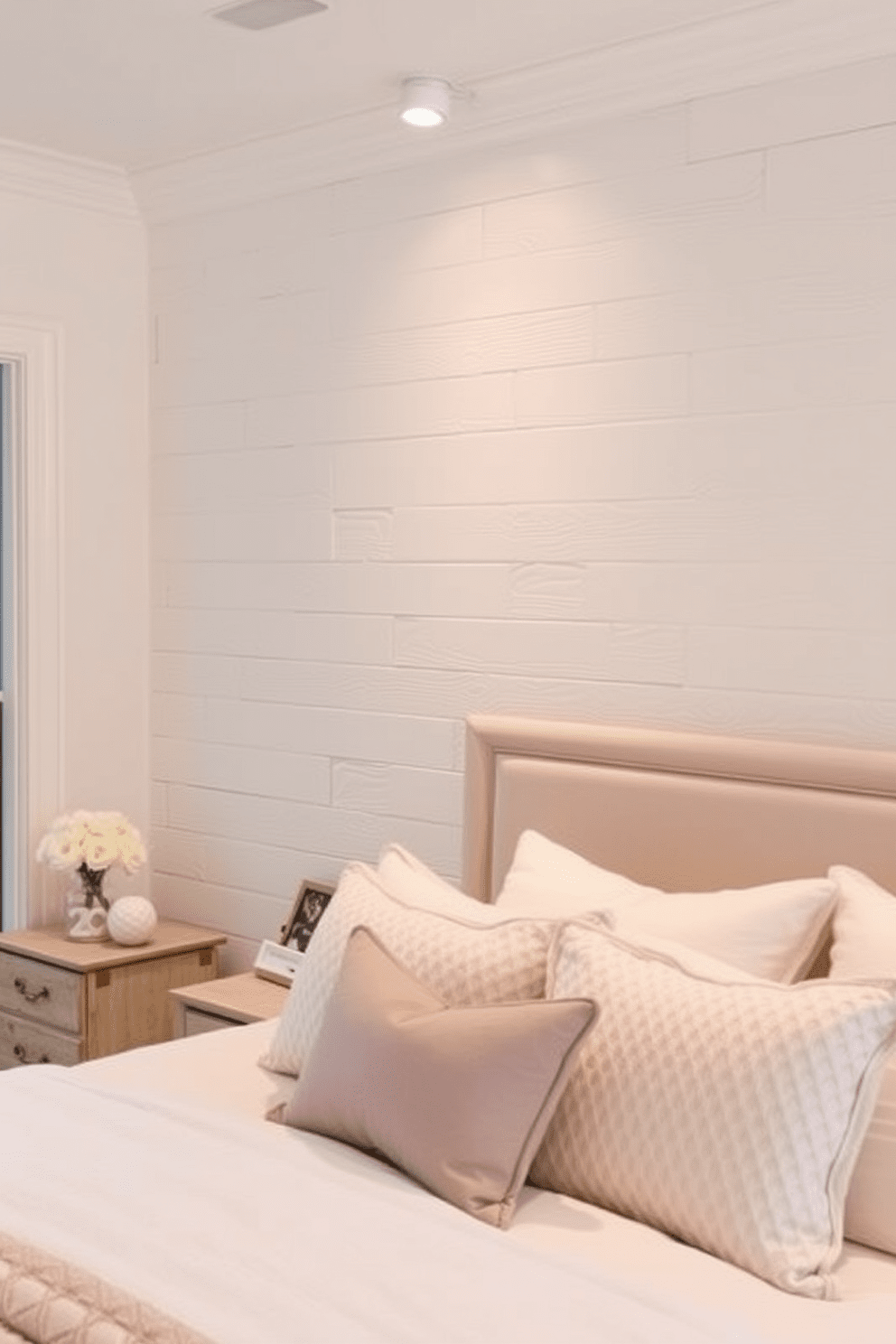 Classic shiplap in whitewash finish creates a warm and inviting atmosphere in the bedroom. This accent wall beautifully contrasts with soft pastel hues in the bedding and decor. The textured surface of the shiplap adds depth and character to the room. Consider incorporating subtle lighting to highlight the wall's features and enhance the overall ambiance.