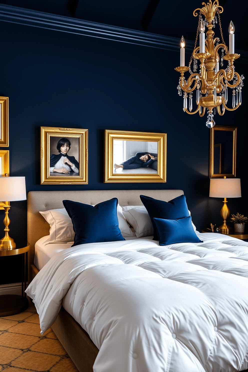 A dark navy blue accent wall serves as the backdrop for a luxurious bedroom, creating a dramatic yet inviting atmosphere. Gold accents are incorporated through elegant picture frames, a chic chandelier, and decorative pillows that add a touch of glamour to the space. The bedding features a plush white duvet that contrasts beautifully with the deep blue wall, enhancing the overall sophistication of the room. A stylish bedside table with a gold lamp completes the look, providing both functionality and aesthetic appeal.