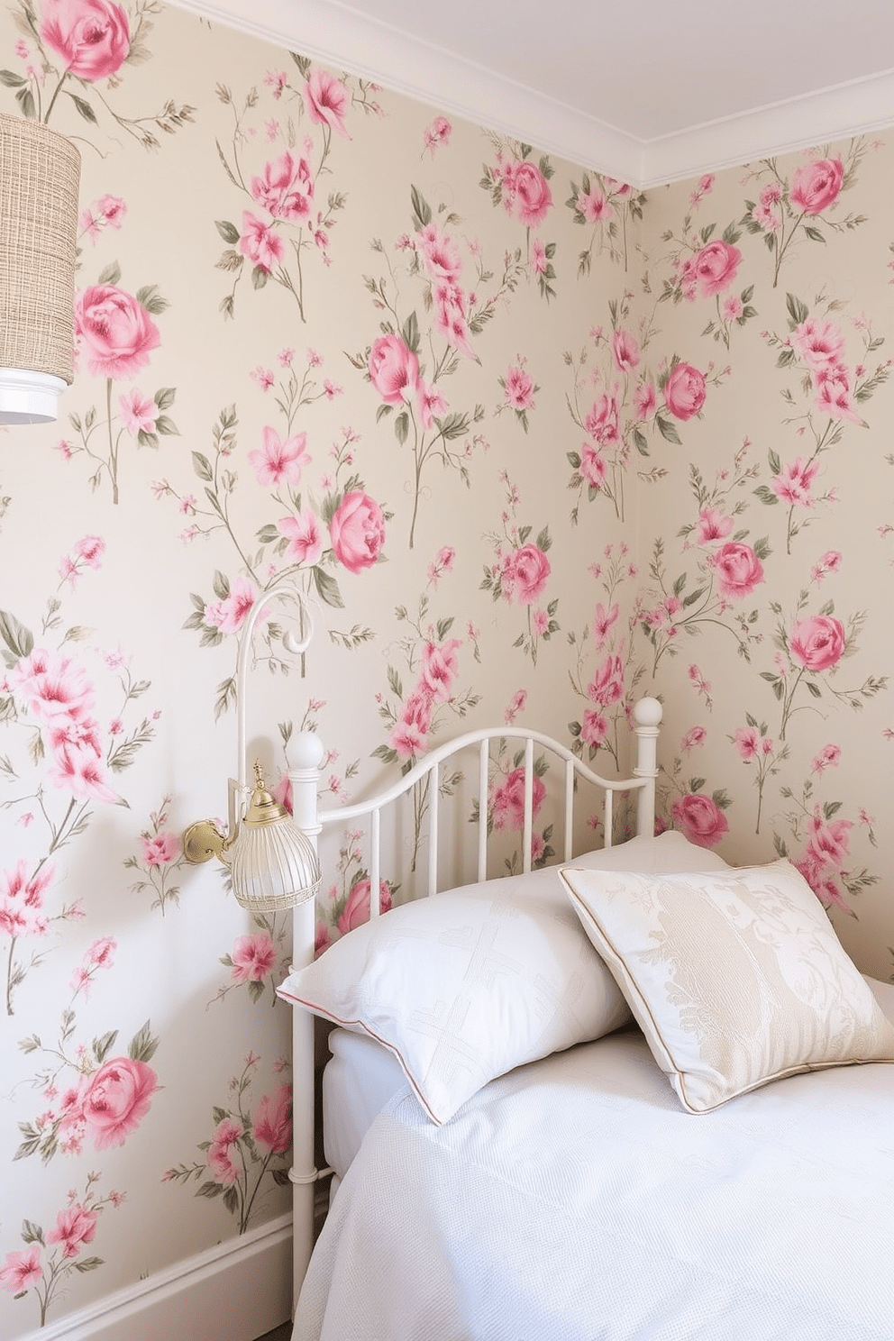 A charming bedroom features vintage floral wallpaper that adds a touch of nostalgia and warmth to the space. The accent wall, adorned with delicate blooms in soft pastel colors, creates a serene and inviting atmosphere.