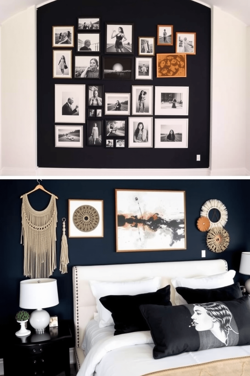 A striking black and white photo gallery display adorns the wall, featuring a variety of framed photographs in different sizes. The arrangement is both eclectic and harmonious, creating a focal point that draws the eye and adds character to the room. The accent wall in the bedroom is painted in a deep navy blue, providing a bold contrast to the lighter hues of the surrounding walls. A collection of textured wall hangings and a large piece of abstract art enhances the visual interest, making the space feel inviting and stylish.