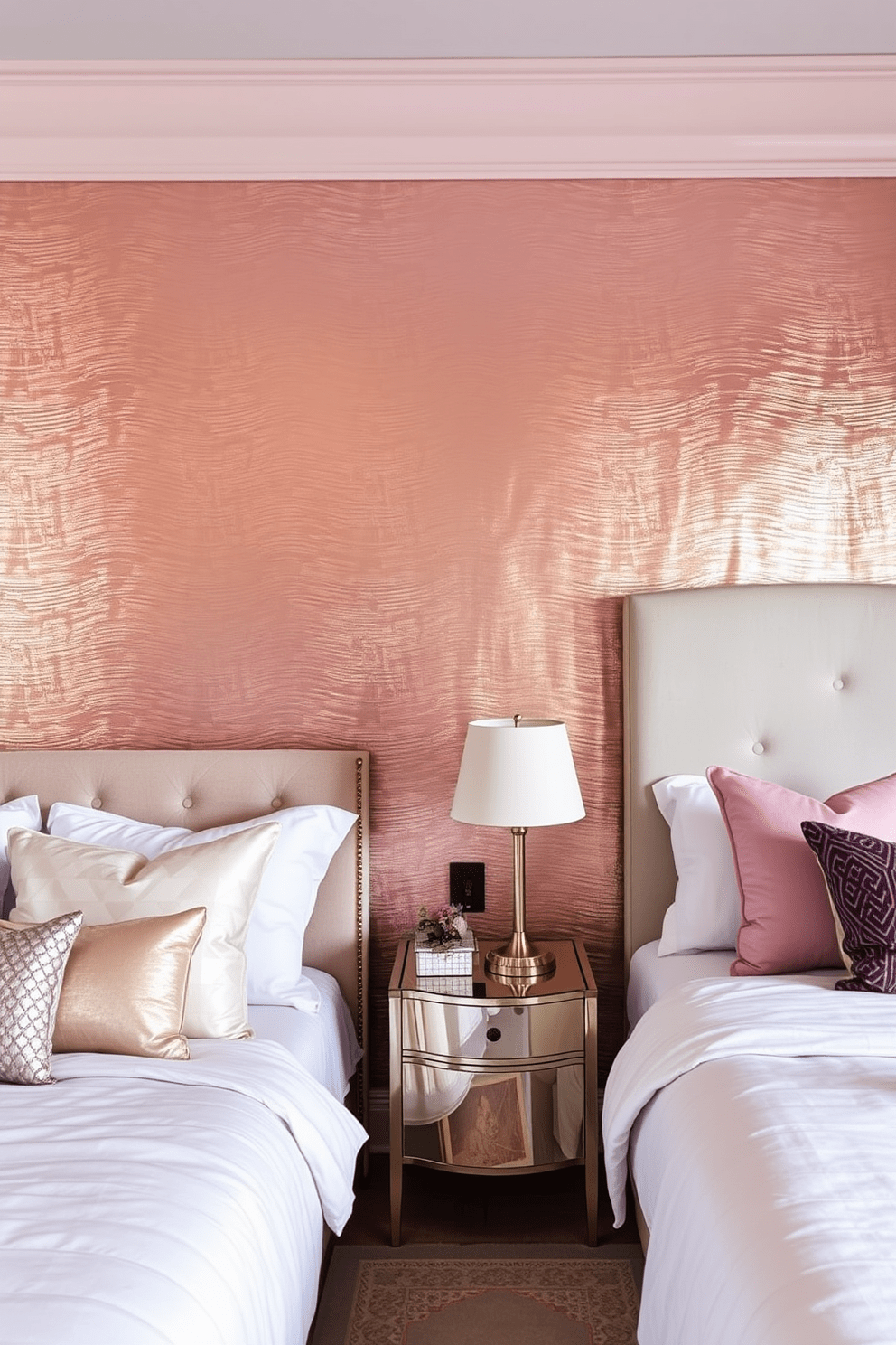 A luxurious bedroom featuring a striking accent wall covered in metallic wallpaper that reflects light beautifully. The color palette includes soft pastels complemented by bold metallic tones, creating an inviting yet glamorous atmosphere.