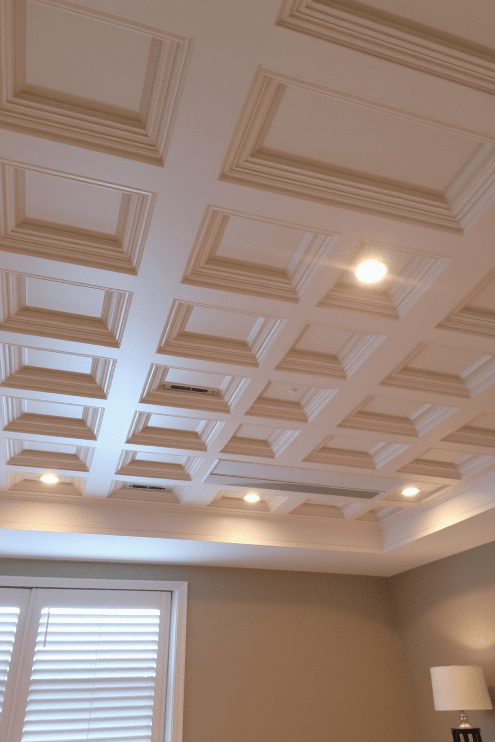 Coffered ceiling with recessed lighting creates a luxurious and inviting atmosphere in the bedroom. The intricate grid pattern adds depth and elegance while the soft glow from the recessed lights enhances the overall ambiance.