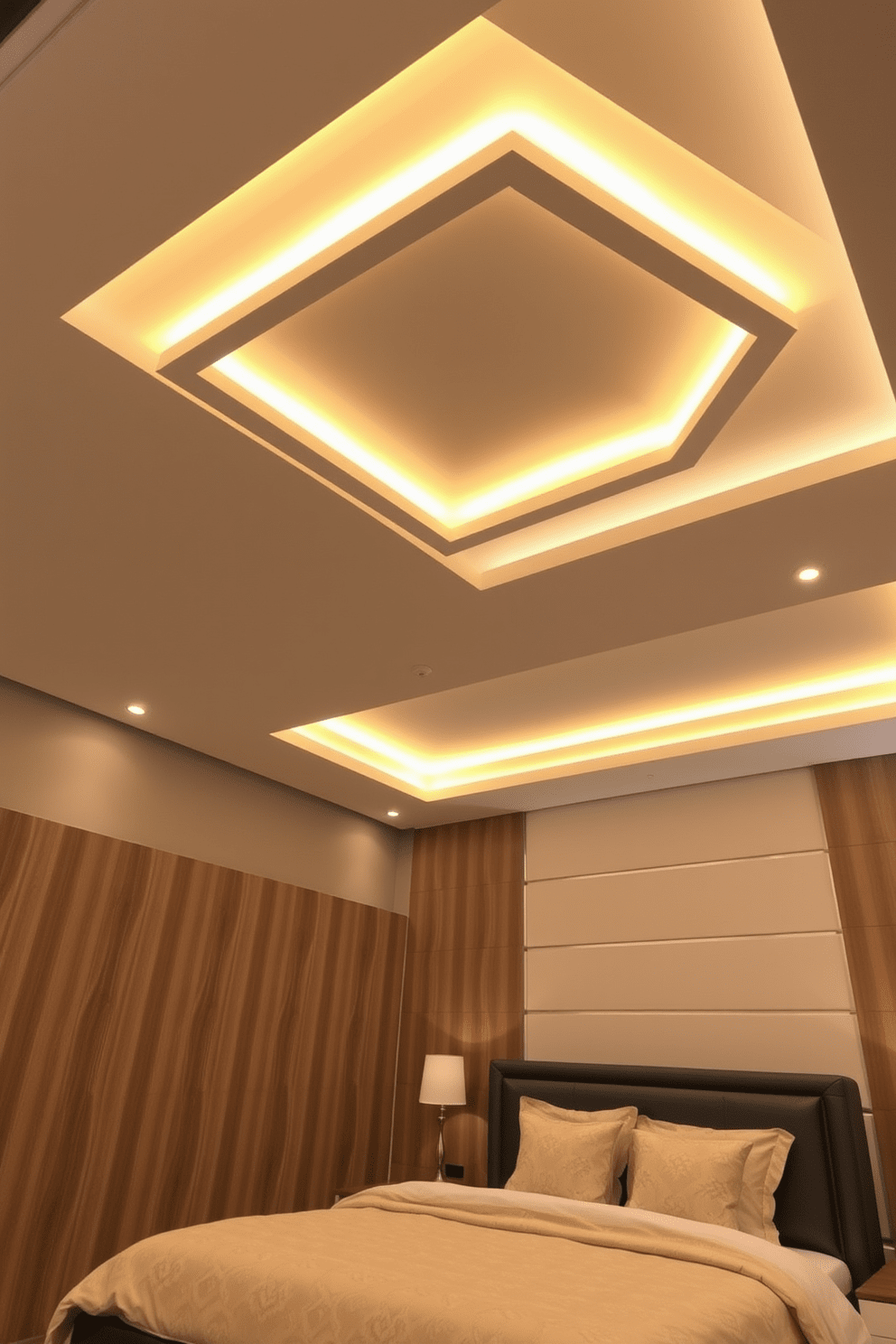 A modern bedroom featuring a false ceiling illuminated by warm LED strips. The ceiling design incorporates geometric patterns that create a sense of depth and elegance while enhancing the overall ambiance of the room.