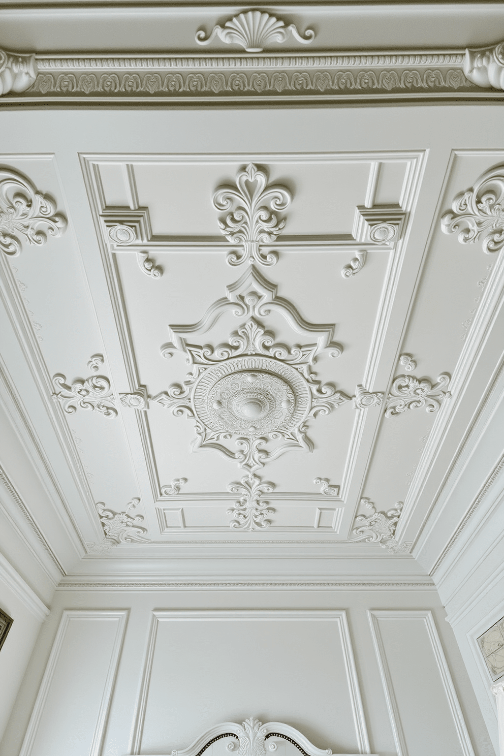 A classic style bedroom features elegant decorative molding that enhances the architectural detail of the ceiling. The intricate patterns and soft white finish create a timeless and sophisticated atmosphere, making the room feel both luxurious and inviting. The ceiling is adorned with a central medallion that draws the eye and adds visual interest. Crown molding frames the edges, seamlessly blending the ceiling with the walls and enhancing the overall elegance of the space.