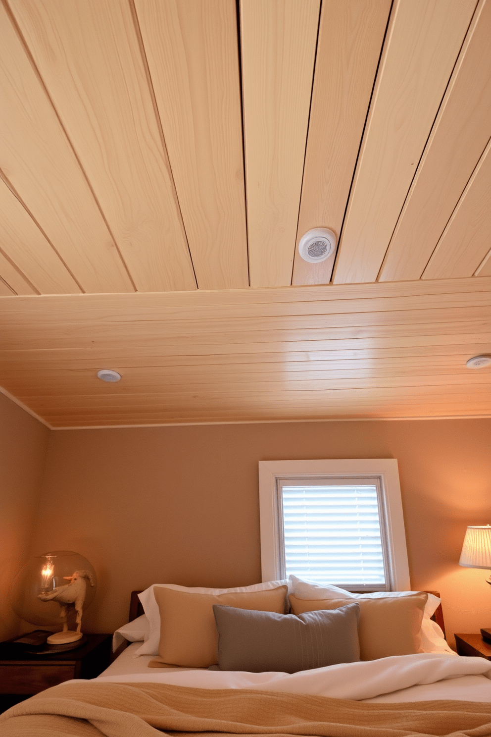 A cozy bedroom featuring a plank ceiling that adds warmth and texture to the space. Soft, ambient lighting highlights the natural wood grain, creating a serene and inviting atmosphere.