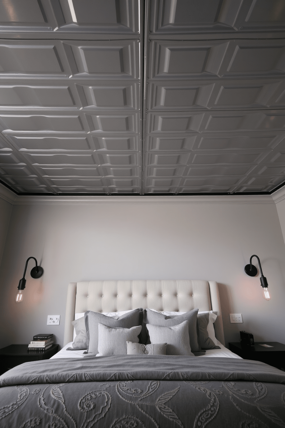 A stylish bedroom featuring metal ceiling tiles that enhance the industrial aesthetic. The walls are painted in a soft gray, complementing the sleek lines of the ceiling and creating a modern yet cozy atmosphere. A large bed with a tufted headboard is centered beneath the metal ceiling, adorned with plush pillows in muted tones. Industrial-style bedside lamps with exposed bulbs flank the bed, adding a touch of warmth to the overall design.