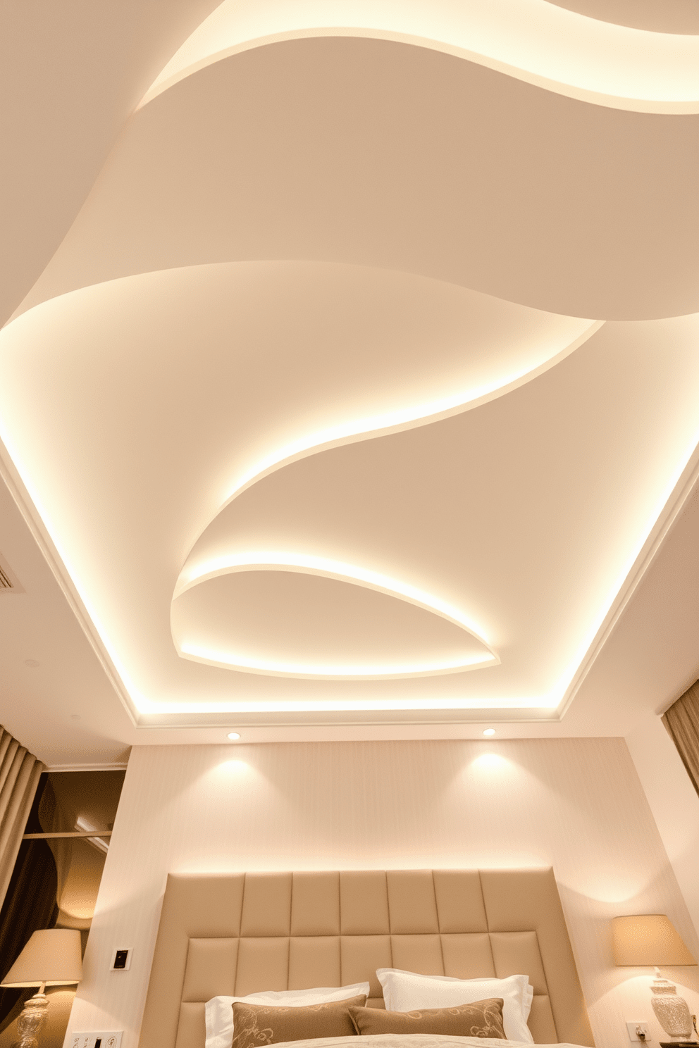 A stunning bedroom ceiling design features a gypsum board ceiling with elegant curves that create a sense of movement and sophistication. Soft ambient lighting is integrated into the curves, casting a warm glow that enhances the inviting atmosphere of the room.