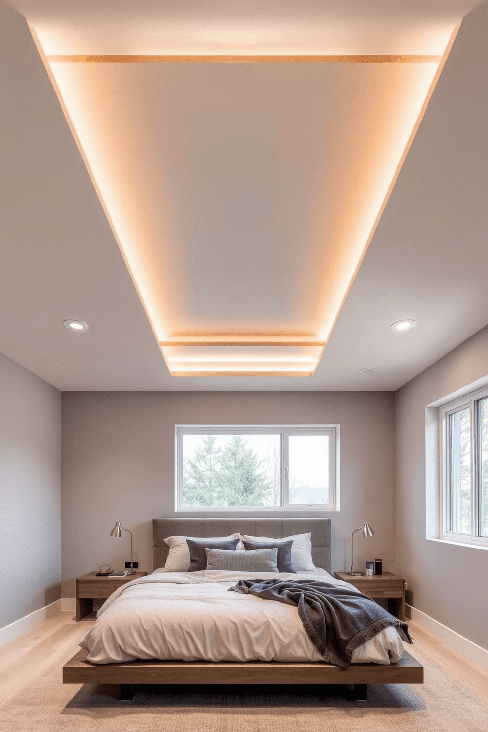 A modern bedroom featuring a drop ceiling design that allows for easy access to lighting fixtures and HVAC systems. The ceiling is adorned with recessed lighting and a sleek wooden trim, creating a warm and inviting atmosphere. The walls are painted in a soft gray hue, complementing the minimalist aesthetic of the room. Plush bedding in neutral tones is arranged on a contemporary platform bed, while a cozy reading nook is situated beneath a large window.