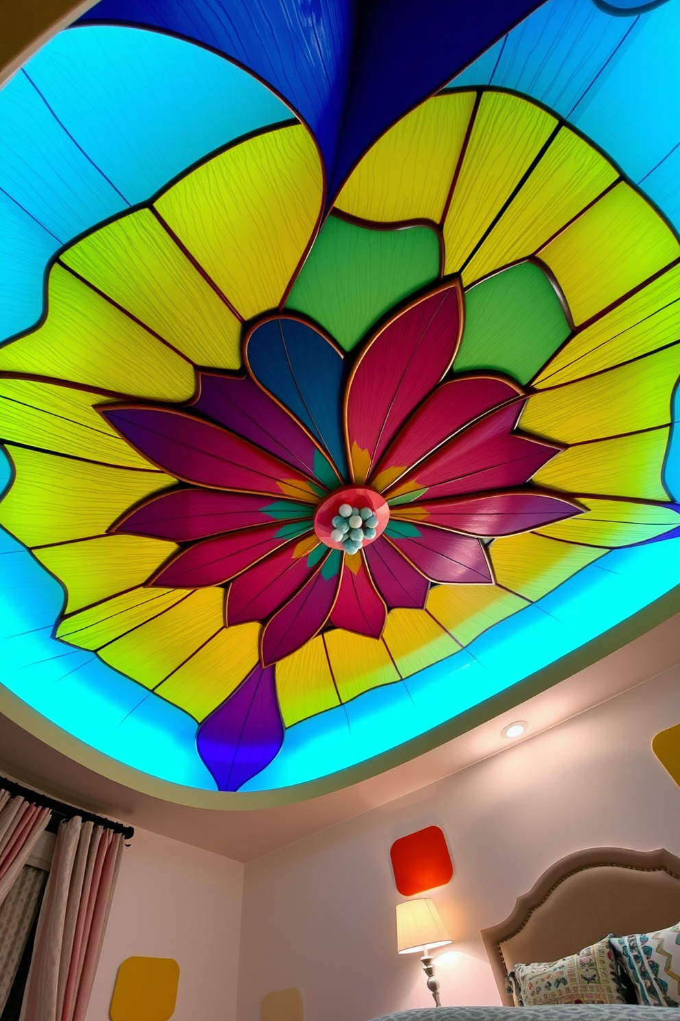 A vibrant ceiling adorned with a kaleidoscope of colors that harmonizes with the overall decor of the bedroom. The design incorporates playful geometric shapes and soft curves that create a whimsical yet cohesive atmosphere.