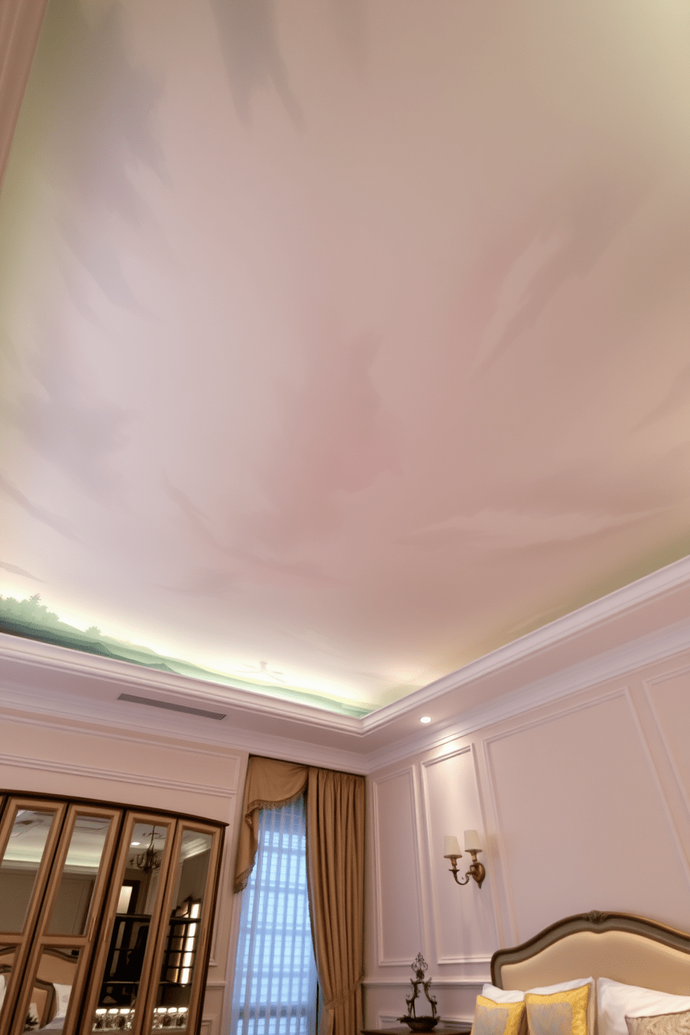 Artistic mural on the ceiling. The mural features a serene landscape with soft pastel colors and delicate brush strokes that create a calming atmosphere. The bedroom is adorned with elegant furnishings that complement the mural. Soft lighting fixtures are strategically placed to highlight the artwork and enhance the overall ambiance.