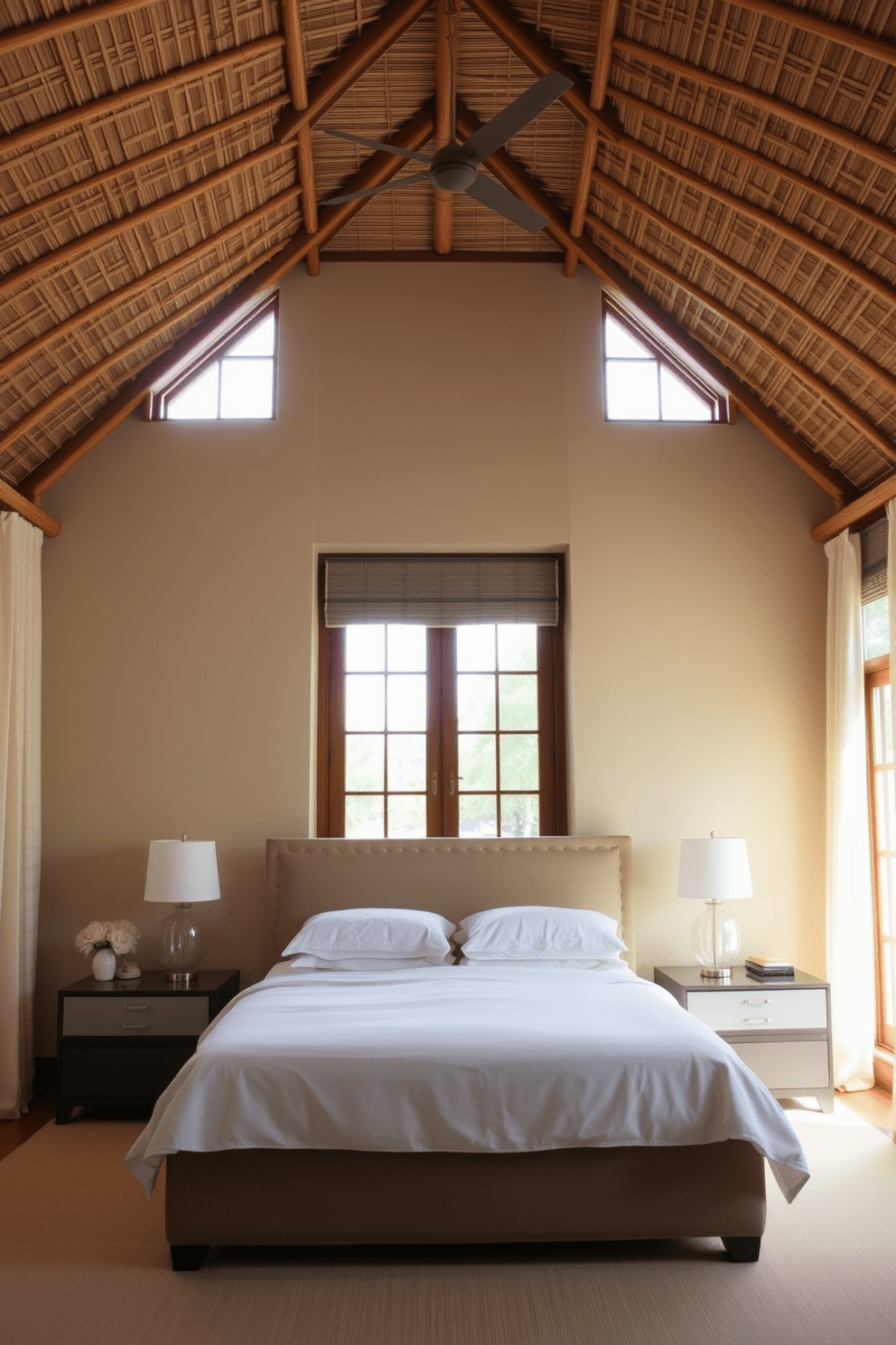 A serene bedroom featuring a bamboo ceiling that enhances the tropical ambiance. Soft natural light filters through large windows adorned with sheer curtains, creating a calm and inviting atmosphere. The walls are painted in a soft beige tone, complementing the warm hues of the bamboo. A plush king-sized bed with crisp white linens is centered in the room, flanked by stylish nightstands with elegant lamps.