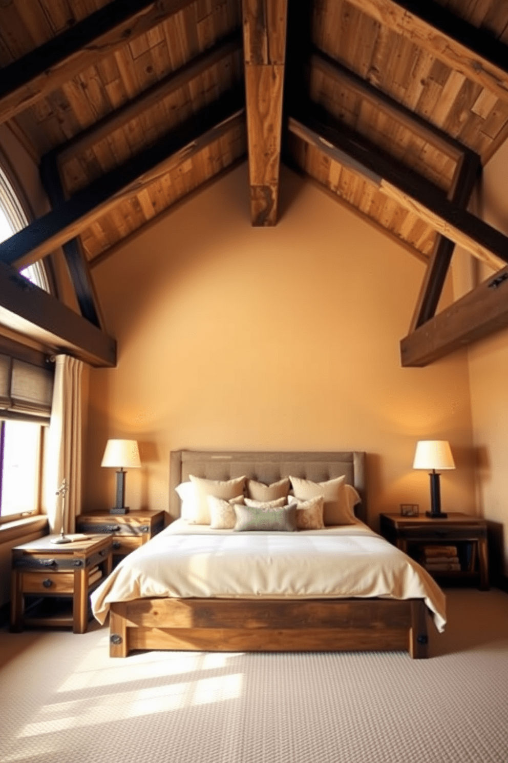 A cozy bedroom featuring exposed wooden beams that add rustic charm to the ceiling. The walls are painted in soft earth tones, and a large window allows natural light to flood the space. A plush king-sized bed is centered in the room, adorned with layered bedding in warm, neutral colors. Flanking the bed are two rustic nightstands made from reclaimed wood, each topped with stylish lamps.