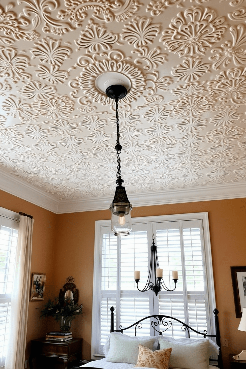 A vintage-inspired bedroom featuring a faux tin ceiling that adds character and charm. The ceiling is adorned with intricate patterns in soft white tones, creating a cozy and inviting atmosphere. The walls are painted in a warm beige, complementing the ceiling design beautifully. Elegant pendant lights hang from the ceiling, casting a soft glow over the room's decor.