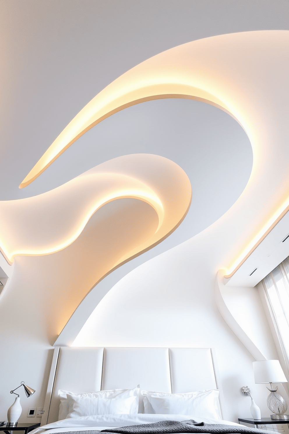 A sculptural ceiling design that features flowing curves and geometric shapes creates a striking focal point in the bedroom. Soft ambient lighting is integrated into the design, casting gentle shadows that enhance the room's elegance and sophistication. The ceiling is painted in a soft white to maintain a bright and airy feel, while the edges are adorned with a subtle metallic trim for added luxury. This artistic ceiling complements the overall decor, harmonizing with plush bedding and contemporary furniture.