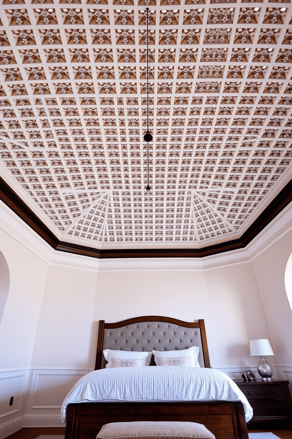 A stunning bedroom features a lattice ceiling that creates an airy and open atmosphere. The soft color palette of the walls complements the intricate design of the ceiling, enhancing the overall elegance of the space.