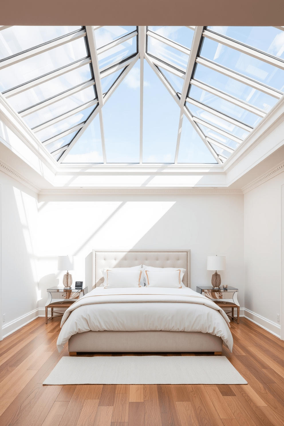 A serene bedroom featuring a stunning glass ceiling that allows natural light to flood the space. The soft white walls complement the warm wooden flooring, creating an inviting atmosphere. A plush king-sized bed is centered beneath the glass ceiling, adorned with luxurious linens in soft pastel hues. Flanking the bed are elegant nightstands with modern lamps that add a touch of sophistication.