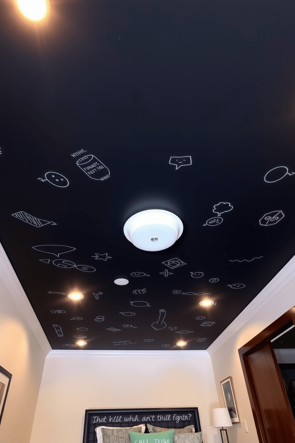 A chalkboard ceiling creates an imaginative and playful atmosphere in the bedroom. The ceiling is painted with a matte black finish, allowing for colorful chalk drawings and notes that can be easily changed. Soft ambient lighting highlights the unique ceiling design, enhancing the creative vibe of the space. The walls are adorned with light, neutral colors to balance the boldness of the chalkboard ceiling.