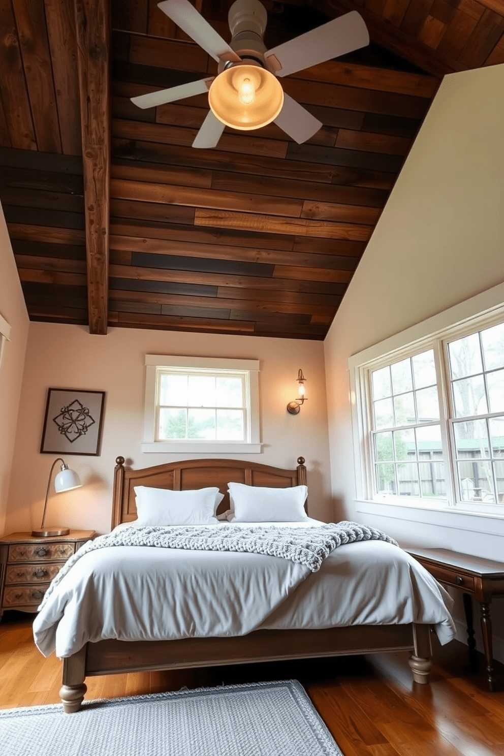 A cozy bedroom featuring rustic wood slats on the ceiling creates a warm and inviting atmosphere. The walls are adorned with soft neutral tones, and large windows allow natural light to fill the space. A plush king-size bed with a chunky knit throw is centered in the room, flanked by vintage bedside tables. Warm lighting fixtures with a soft glow enhance the rustic charm and create a relaxing ambiance.