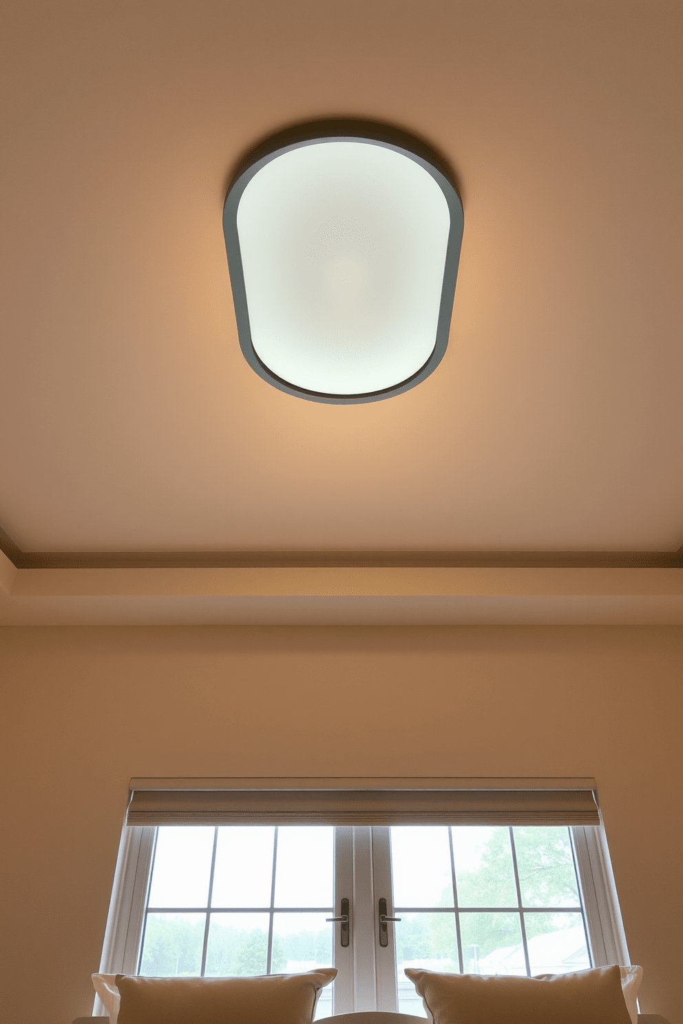 A serene bedroom ceiling design featuring an elegant essential oil diffuser integrated into the center. Soft ambient lighting emanates from the diffuser, creating a calming atmosphere that enhances relaxation.