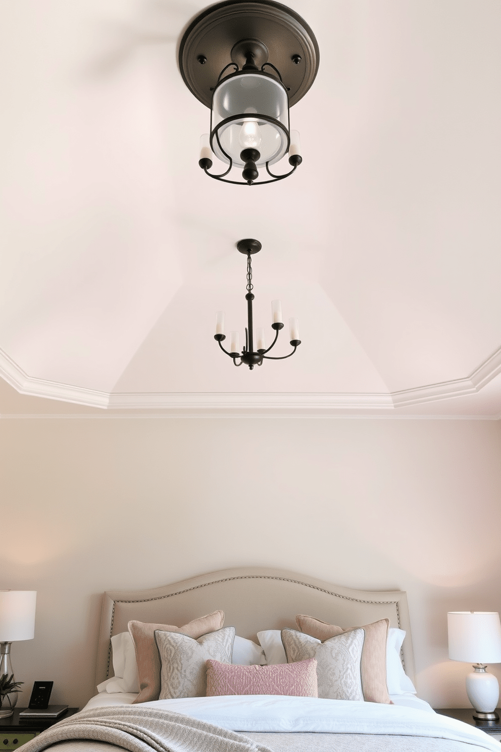 A serene bedroom featuring a tray ceiling painted in soft pastel hues. The gentle curves of the ceiling create an inviting atmosphere, complemented by elegant lighting fixtures that enhance the overall design. The walls are adorned with light, airy tones that harmonize with the ceiling. Plush bedding and decorative pillows in coordinating colors complete the tranquil setting, making it a perfect retreat.