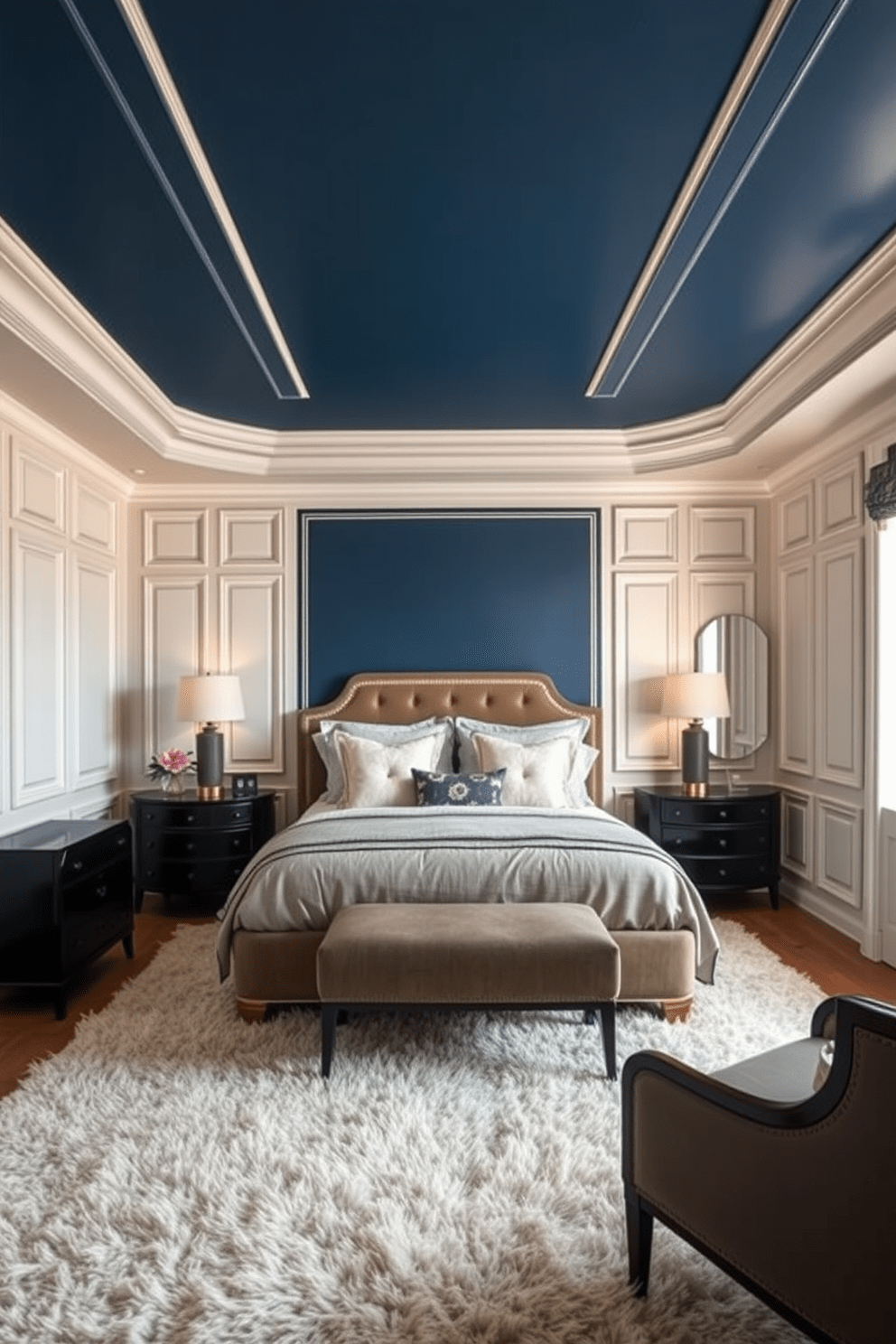 A stunning bedroom with a painted ceiling that features a deep blue color, creating a dramatic and cozy atmosphere. The walls are adorned with soft white paneling, complementing the ceiling and enhancing the room's elegance. The bed is positioned centrally, dressed in luxurious linens with a mix of textures and patterns. Elegant bedside tables with stylish lamps frame the bed, while a plush area rug adds warmth and comfort to the space.