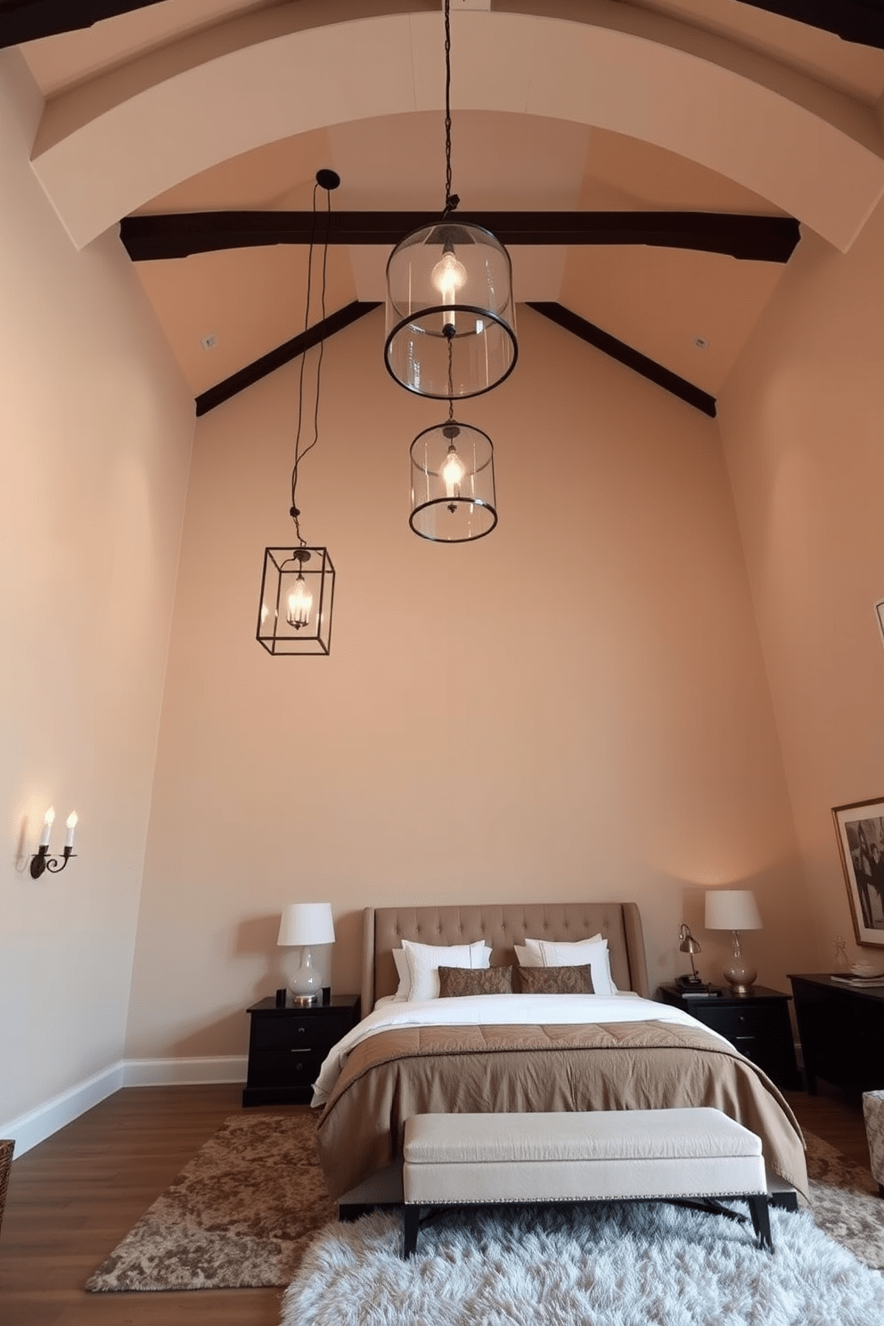 A spacious bedroom features a high ceiling adorned with elegant pendant lights that create a warm and inviting atmosphere. The walls are painted in a soft neutral tone, complementing the rich textures of the bedding and furnishings. The pendant lights hang gracefully, casting a gentle glow that highlights the architectural details of the ceiling. Plush rugs and carefully chosen artwork enhance the overall aesthetic, making the space feel both luxurious and cozy.