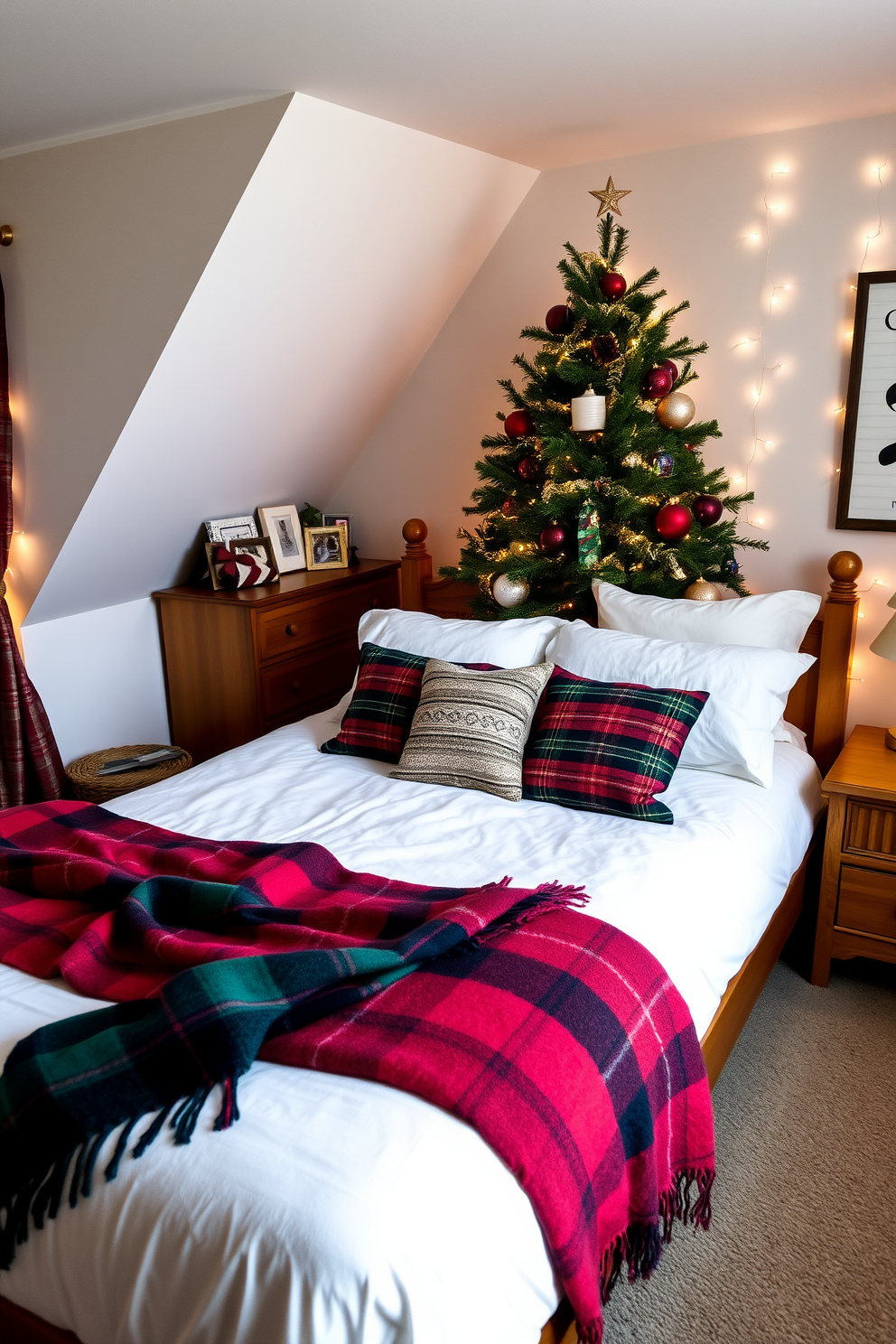 A cozy bedroom featuring a large bed adorned with soft plaid blankets in shades of red and green. The room is decorated for Christmas with a beautifully adorned tree in the corner and twinkling fairy lights draped along the walls.