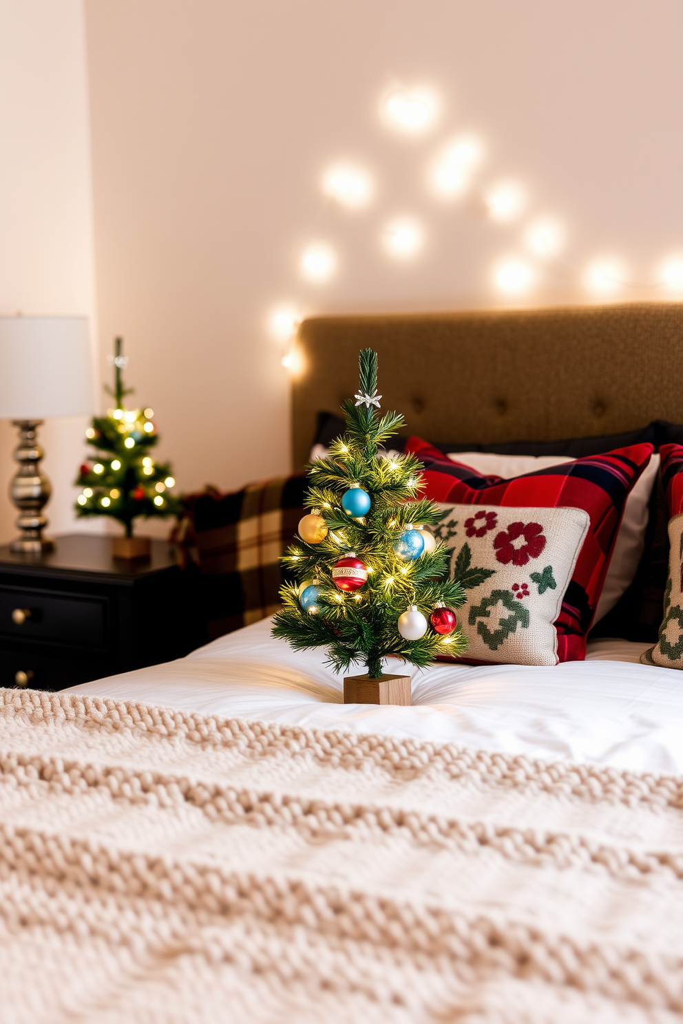 A cozy bedroom setting adorned for the holidays. A miniature Christmas tree is placed on the nightstand, decorated with twinkling lights and colorful ornaments. The bed features a warm plaid blanket and festive throw pillows. Soft white lights are draped around the headboard, creating a warm and inviting atmosphere.