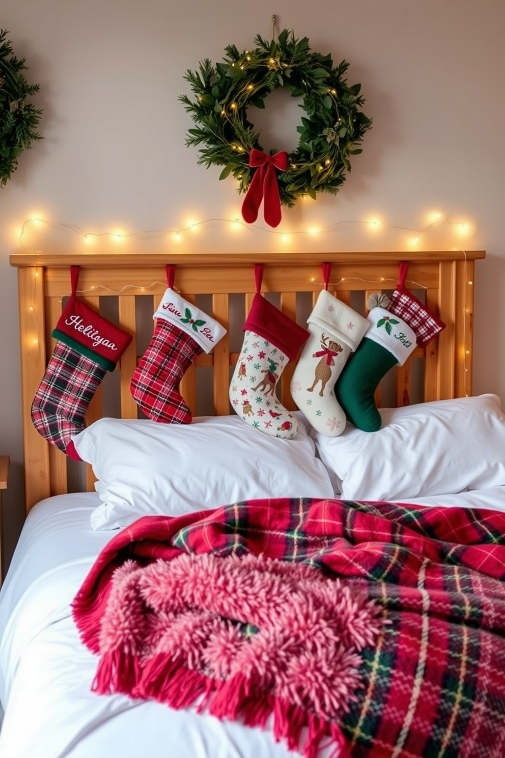 A cozy bedroom scene adorned for Christmas. Stockings are hung from the wooden bed frame, each decorated with festive patterns and colors. Soft fairy lights twinkle around the headboard, casting a warm glow throughout the room. A plush red and green plaid blanket is draped over the foot of the bed, inviting comfort and holiday cheer.