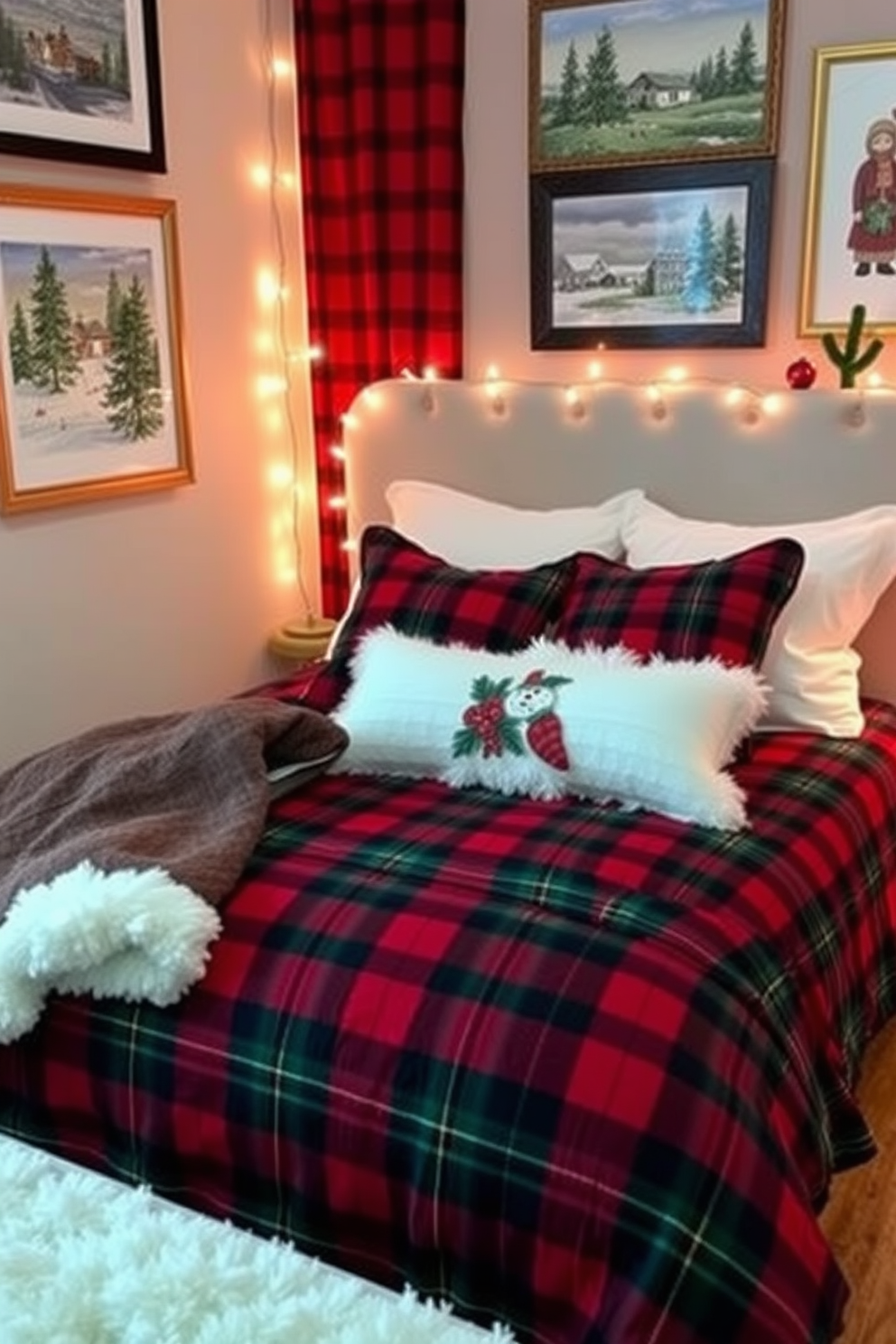 Cozy holiday-themed bedding adorns the bed, featuring a rich red and green plaid pattern complemented by fluffy white pillows. A festive throw blanket is draped over the foot of the bed, while twinkling fairy lights are strung along the headboard for a warm glow. The walls are decorated with seasonal artwork, showcasing winter landscapes and holiday motifs. A small evergreen tree sits in the corner, adorned with ornaments that match the bedding, creating a cheerful and inviting atmosphere.