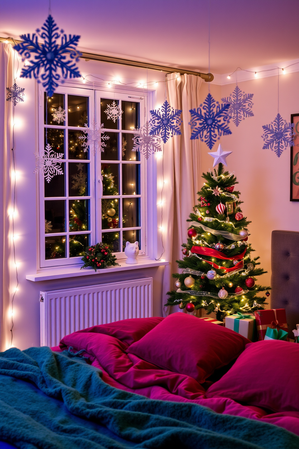 A cozy bedroom adorned with DIY snowflakes hanging in the window creates a whimsical holiday atmosphere. The soft glow of fairy lights complements the festive decorations, making the space inviting and cheerful. Plush bedding in rich red and green tones adds warmth to the room. A beautifully decorated Christmas tree stands in the corner, surrounded by wrapped gifts and twinkling ornaments.