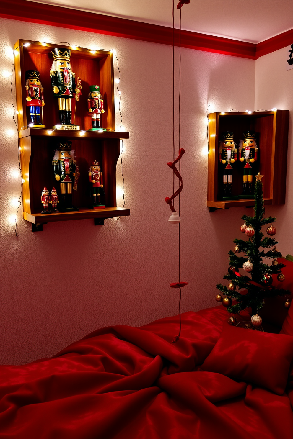 Charming nutcracker figurines are artfully arranged on wooden shelves, each showcasing intricate details and vibrant colors. The shelves are adorned with twinkling fairy lights, adding a warm and festive glow to the cozy bedroom space. The bedroom is decorated with a plush red and green color scheme, featuring a beautifully draped bedspread and matching throw pillows. A small Christmas tree sits in the corner, decorated with ornaments that complement the nutcracker theme.