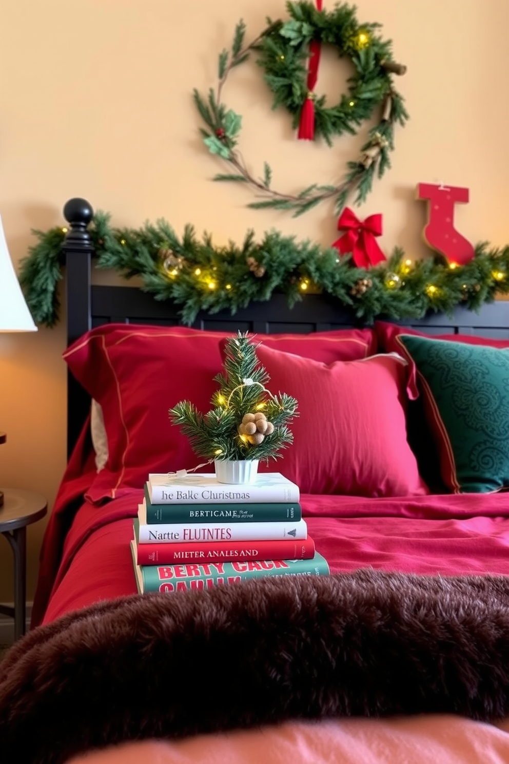 A cozy bedroom setting adorned with festive Christmas decorations. The nightstand features a stack of seasonal books, beautifully arranged with a small evergreen centerpiece and twinkling fairy lights. The walls are painted in a soft, warm hue, creating a welcoming atmosphere. Plush bedding in rich red and green tones complements the holiday theme, while a festive wreath hangs above the bed.