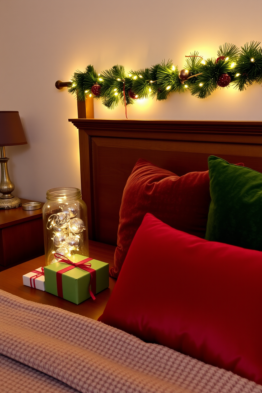 A cozy bedroom adorned for Christmas. Glittering ornaments in glass jars are scattered across a wooden dresser, reflecting the warm glow of fairy lights strung across the headboard. A beautifully wrapped gift sits beside the jars, adding a festive touch to the decor. Plush pillows in rich red and green hues complement the holiday theme, creating a warm and inviting atmosphere.