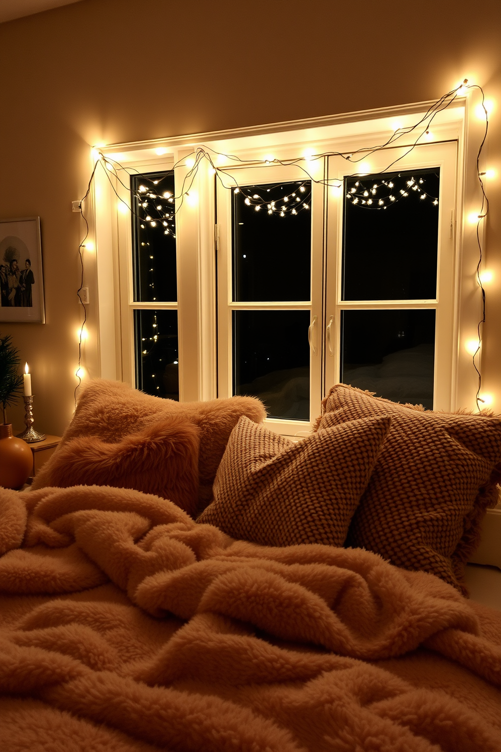 A cozy bedroom adorned with warm white string lights draped elegantly across the window frame. The soft glow creates a festive atmosphere, complementing the rich textures of plush blankets and decorative pillows.