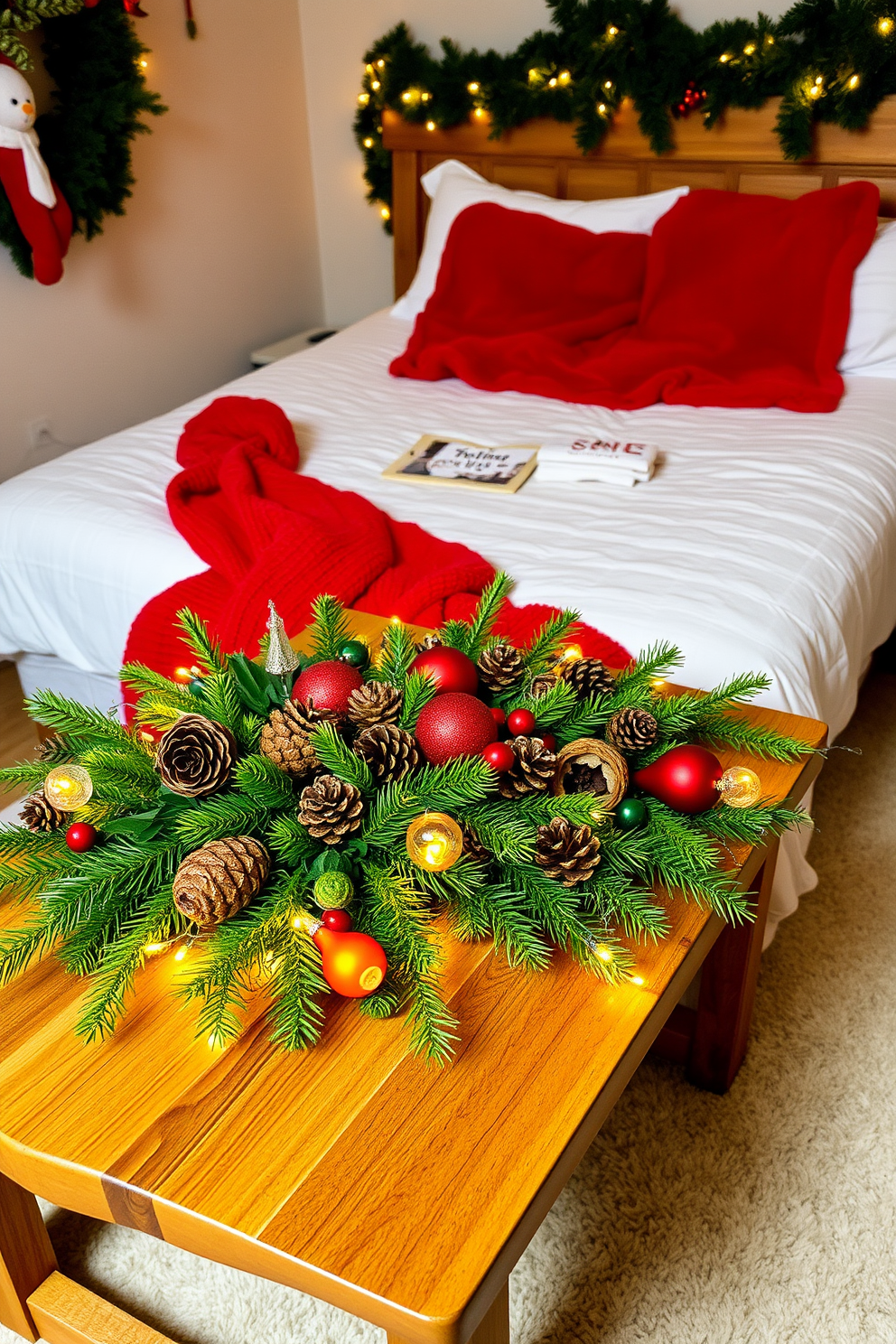 A cozy bedroom setting adorned for Christmas. A wooden table is decorated with pinecones and lush greenery, creating a warm and inviting atmosphere. Brightly colored ornaments and twinkling fairy lights are scattered among the natural elements. A plush red throw blanket is draped over the bed, enhancing the festive feel.