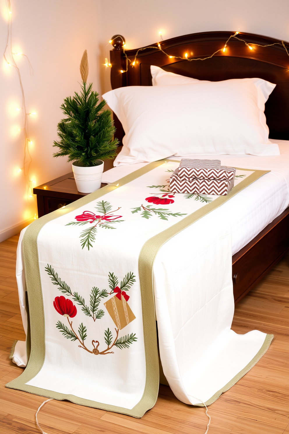 A festive table runner drapes elegantly over a bedside table adorned with twinkling fairy lights. The bedside table features a small potted evergreen and a stack of beautifully wrapped holiday gifts.