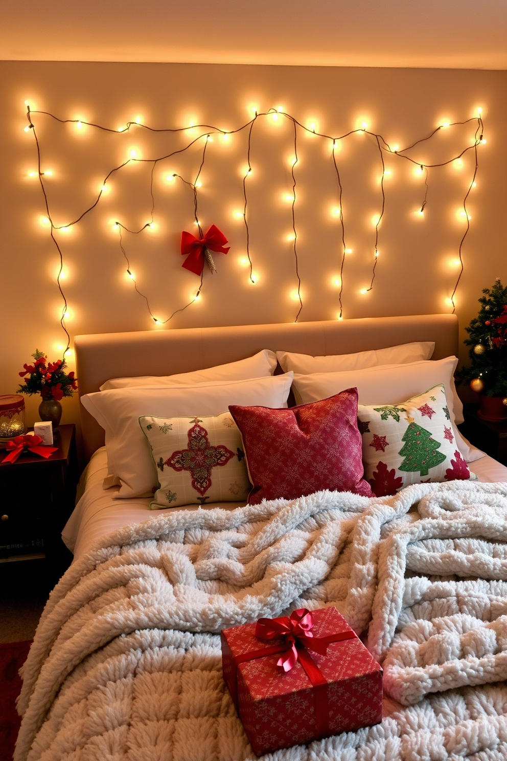 A cozy bedroom adorned with twinkling fairy lights strung elegantly above the headboard. The soft glow of the lights creates a warm and inviting atmosphere, perfect for the holiday season. Festive decorations in rich red and green tones complement the lights, with a beautifully wrapped gift placed at the foot of the bed. A plush throw blanket and seasonal pillows add comfort and charm to the space, enhancing the Christmas spirit.