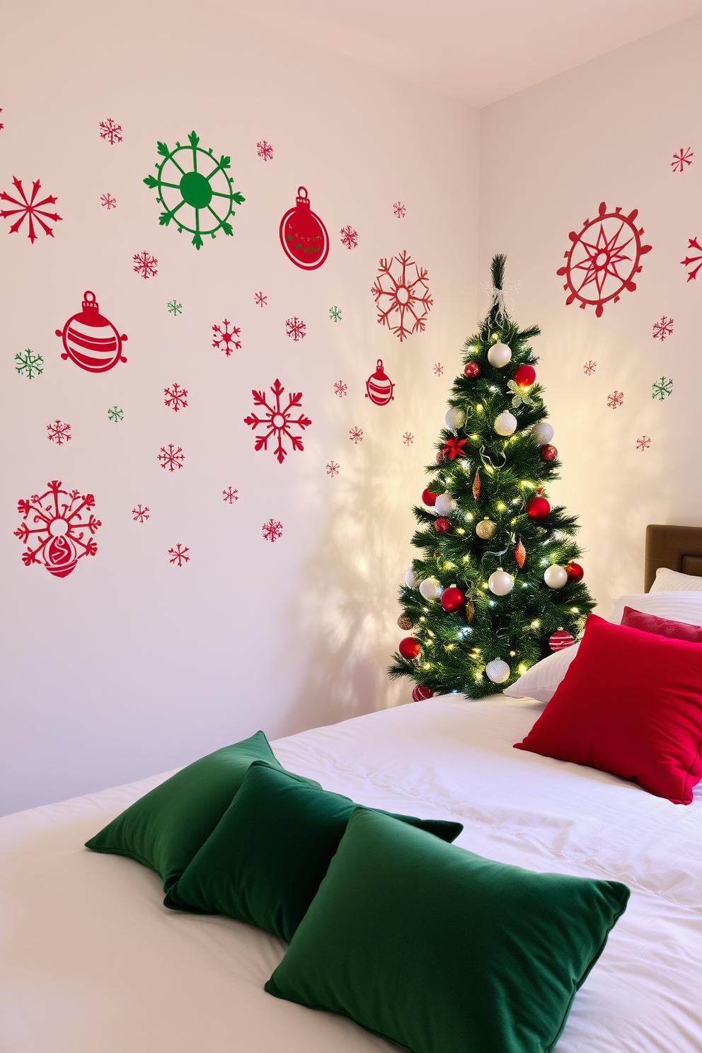 A cozy bedroom adorned with holiday-themed wall decals featuring cheerful snowflakes and festive ornaments. The walls are painted in a soft white hue, creating a bright backdrop for the vibrant decorations. A beautifully decorated Christmas tree stands in the corner, adorned with twinkling lights and colorful baubles. Plush throw pillows in red and green are scattered across the bed, enhancing the festive atmosphere.