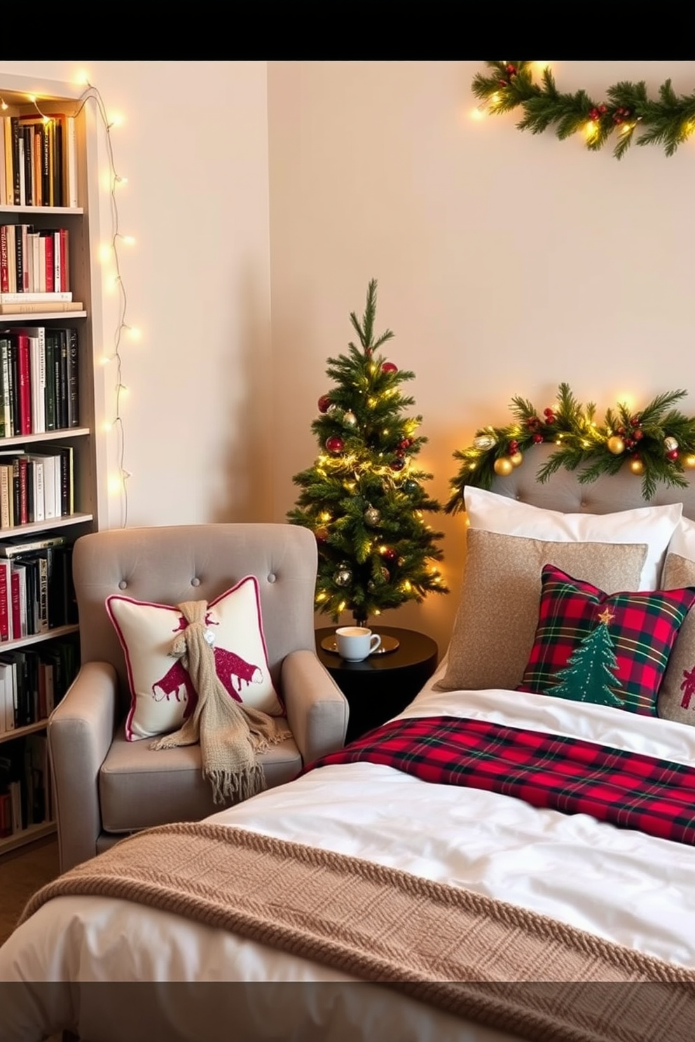 Cozy reading nook with holiday pillows. A plush armchair is positioned next to a tall bookshelf filled with books, and a soft throw blanket drapes over the armrest. The nook is adorned with festive pillows featuring winter motifs, and a small side table holds a steaming cup of cocoa. Warm fairy lights are strung above, creating a welcoming ambiance perfect for holiday reading. Bedroom Christmas decorating ideas. The bed is dressed in crisp white linens topped with a red and green plaid duvet, and decorative pillows add a festive touch. A small Christmas tree stands in the corner, adorned with twinkling lights and colorful ornaments, while garlands of pine and berries are draped along the headboard.