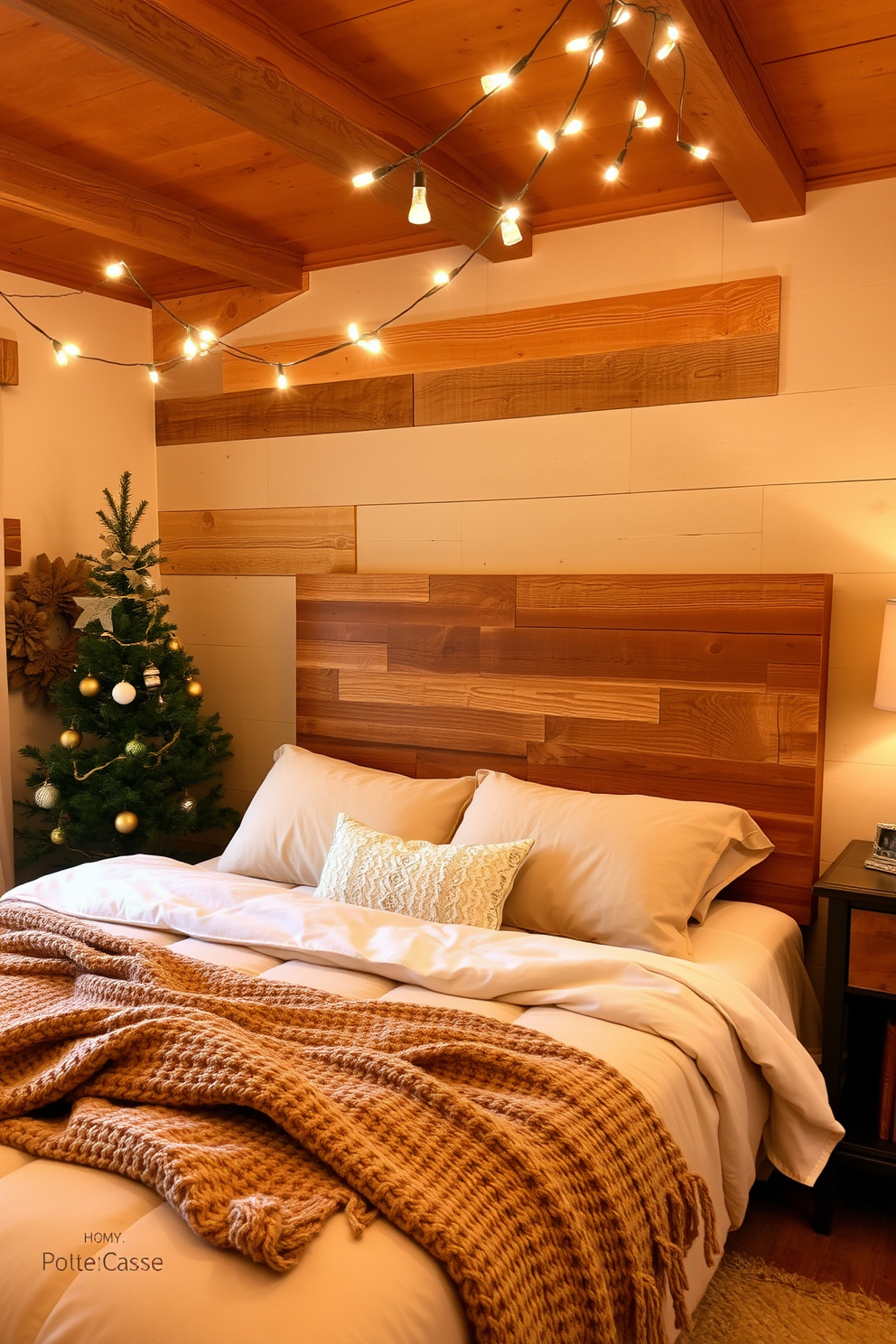 A cozy bedroom adorned with rustic wooden accents creates a warm and inviting atmosphere. The bed features a reclaimed wood headboard, complemented by soft, neutral bedding and a chunky knit throw. Twinkling string lights are draped across the ceiling, adding a festive touch to the space. A small evergreen tree in the corner is decorated with rustic ornaments and burlap ribbons, enhancing the Christmas spirit.