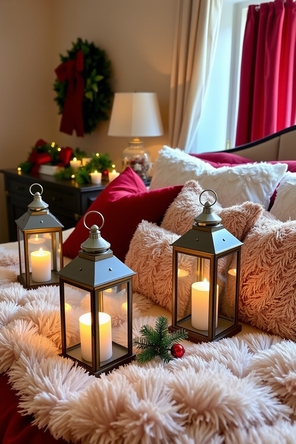 Decorative lanterns with candles inside create a warm and inviting atmosphere in a beautifully styled bedroom. The soft glow of the candlelight enhances the festive spirit, complementing the cozy bedding and holiday accents throughout the space. Rich textures and a color palette of deep reds and greens evoke a classic Christmas feel. Plush pillows and throws add comfort, while strategically placed lanterns bring a touch of elegance to the seasonal decor.