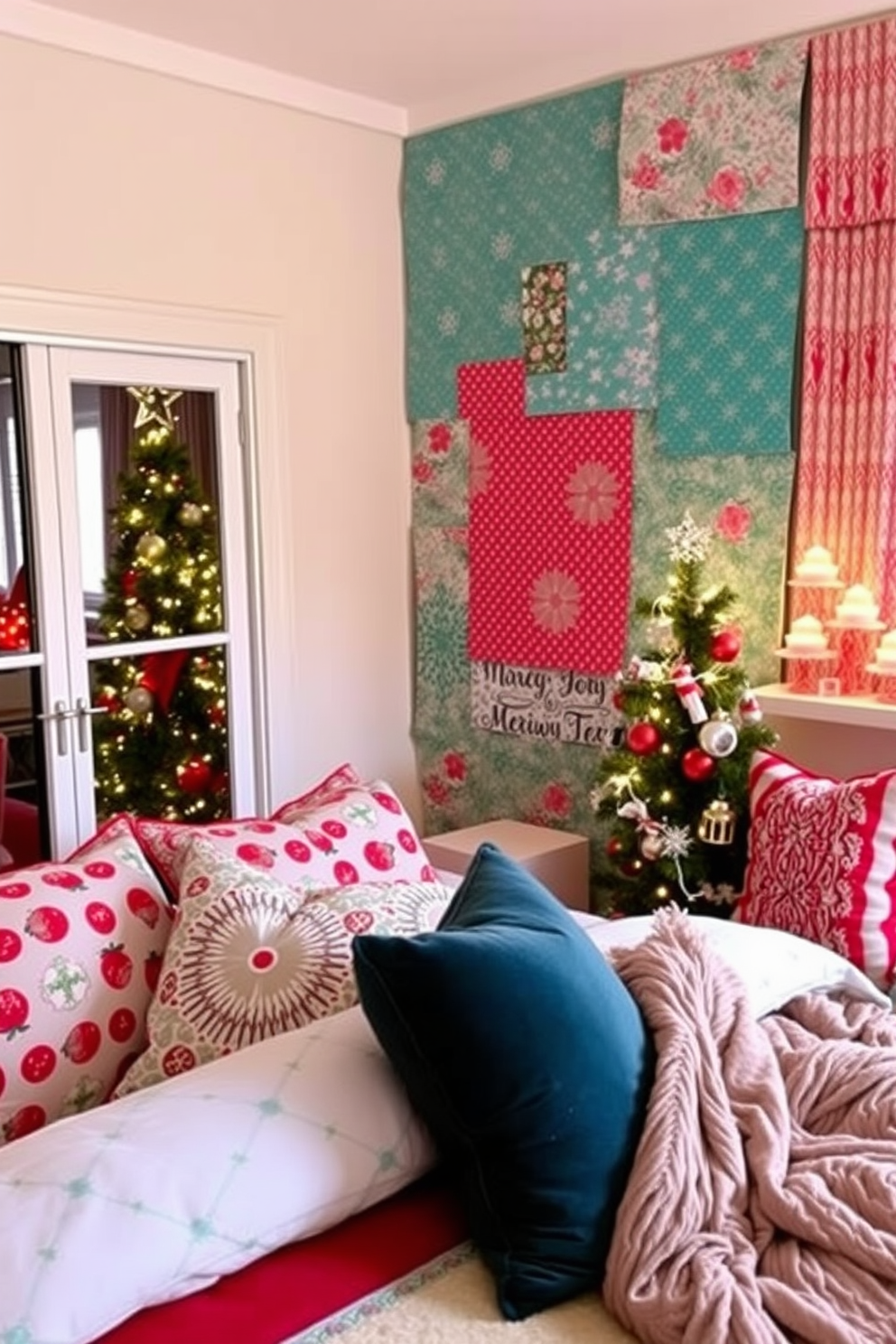 Colorful wrapping paper is creatively used as wall art, transforming the bedroom into a festive holiday retreat. The vibrant patterns and textures add a playful touch, complementing the cozy atmosphere of the space. Christmas decorations are thoughtfully arranged throughout the bedroom, featuring twinkling fairy lights and a beautifully adorned tree. Plush pillows and a warm throw blanket enhance the seasonal charm, inviting comfort and joy.