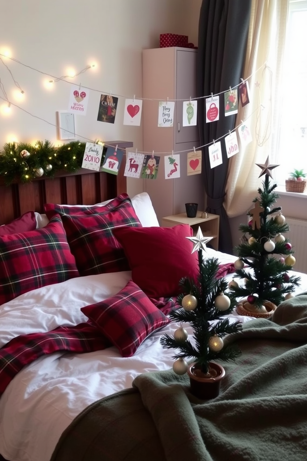 A charming bedroom decorated for Christmas featuring a string display of festive cards. The cards are hung on twinkling fairy lights, creating a warm and inviting atmosphere. The bed is adorned with cozy plaid blankets and plush pillows in red and green hues. A small Christmas tree sits in the corner, decorated with delicate ornaments and a shining star on top.