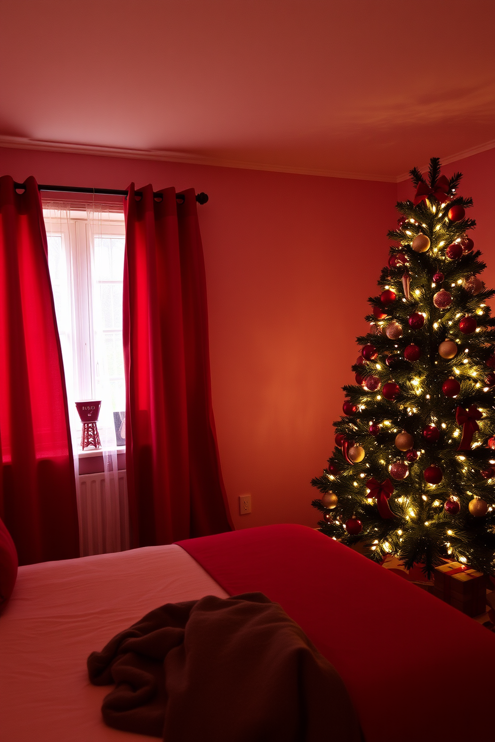 A cozy bedroom adorned for Christmas. Soft red curtains frame the window, allowing a warm glow to fill the space, while a beautifully decorated tree stands in the corner, twinkling with lights and ornaments.