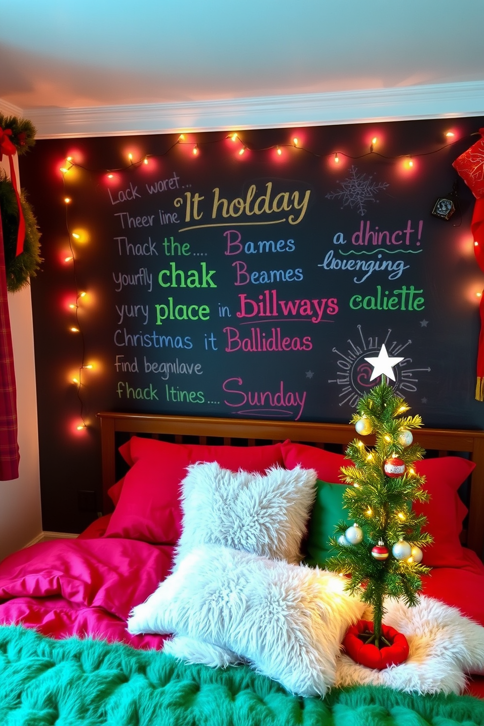 A cozy bedroom adorned with festive Christmas decorations. A large chalkboard on the wall features cheerful holiday messages written in colorful chalk, surrounded by twinkling fairy lights. The bed is dressed in rich red and green bedding, complemented by fluffy white pillows. A small Christmas tree sits in the corner, decorated with ornaments and a star on top, adding a warm glow to the space.