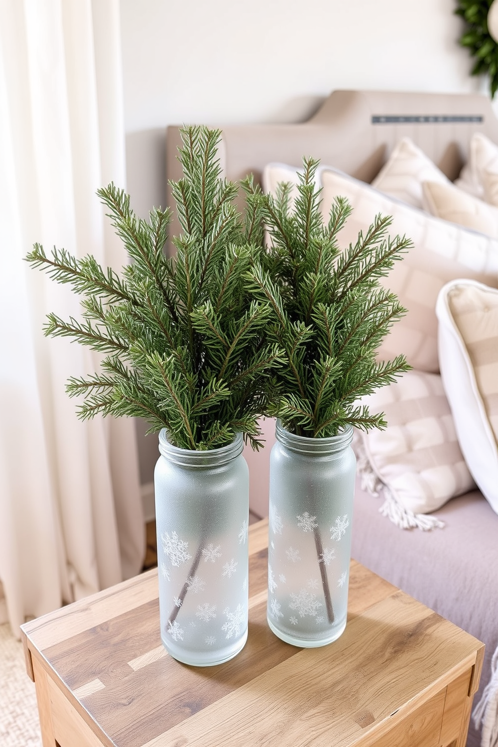 Frosted glass vases filled with lush evergreen branches create a serene and festive atmosphere in the bedroom. The vases are placed on a rustic wooden nightstand next to a cozy bed adorned with soft, neutral-toned bedding and seasonal throw pillows.