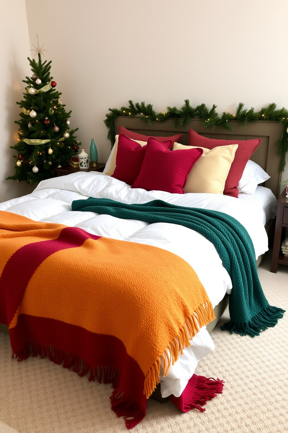 A cozy bedroom adorned with seasonal throw blankets in various textures and colors. The bed is layered with a plush white duvet, and vibrant throw blankets are draped over the foot of the bed, inviting warmth and comfort. The room is decorated with subtle Christmas elements, including a small evergreen tree in the corner adorned with twinkling lights. Festive pillows and a garland wrapped around the headboard add a cheerful touch to the overall ambiance.