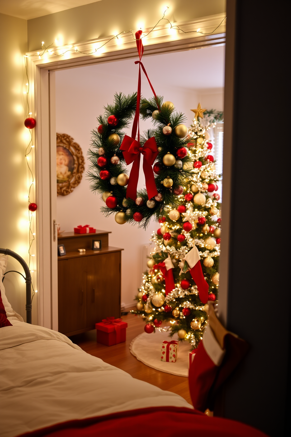 A festive wreath hangs on the bedroom door adorned with red and gold ornaments. The door frame is decorated with twinkling fairy lights that create a warm and inviting glow. Inside the bedroom, a beautifully decorated Christmas tree stands in the corner, draped with shimmering garlands and colorful baubles. Stockings are hung with care on the mantle, filled with small gifts and treats, adding to the holiday cheer.